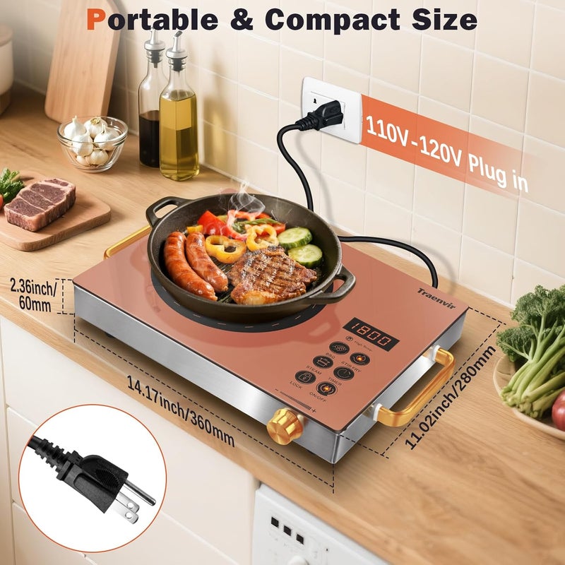 Traenvir Single Burner Electric Cooktop, Protable Electric Stove with Handle, 1800W One Burner Ceramic Stove top for Dorm, Home, RV, Child Lock, Timer, Steam, BBQ, Stir Fry,110V - 120V Plug in, Orange - Image 3
